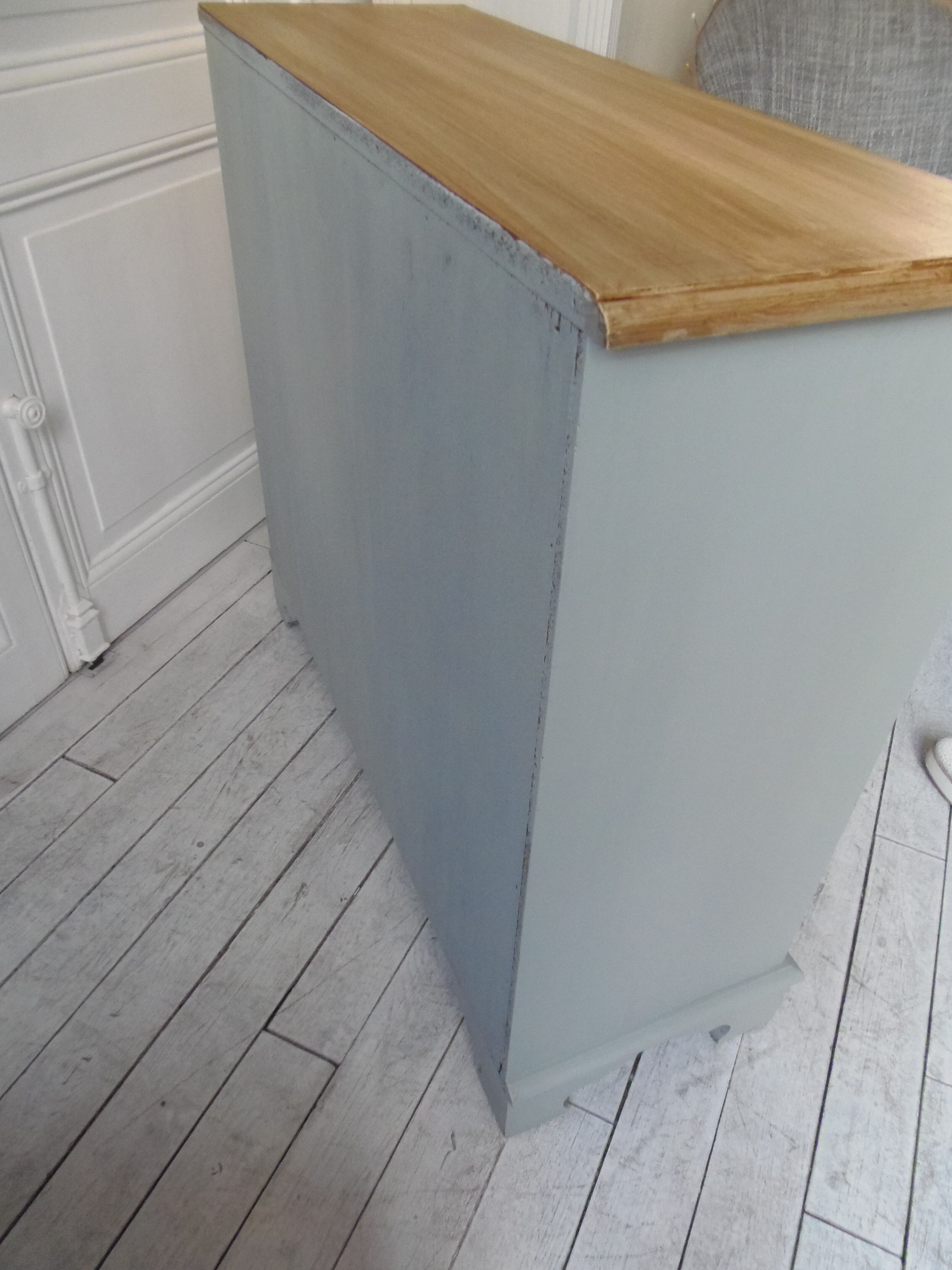 Vintage shoe cabinet green of gray, wooden top.