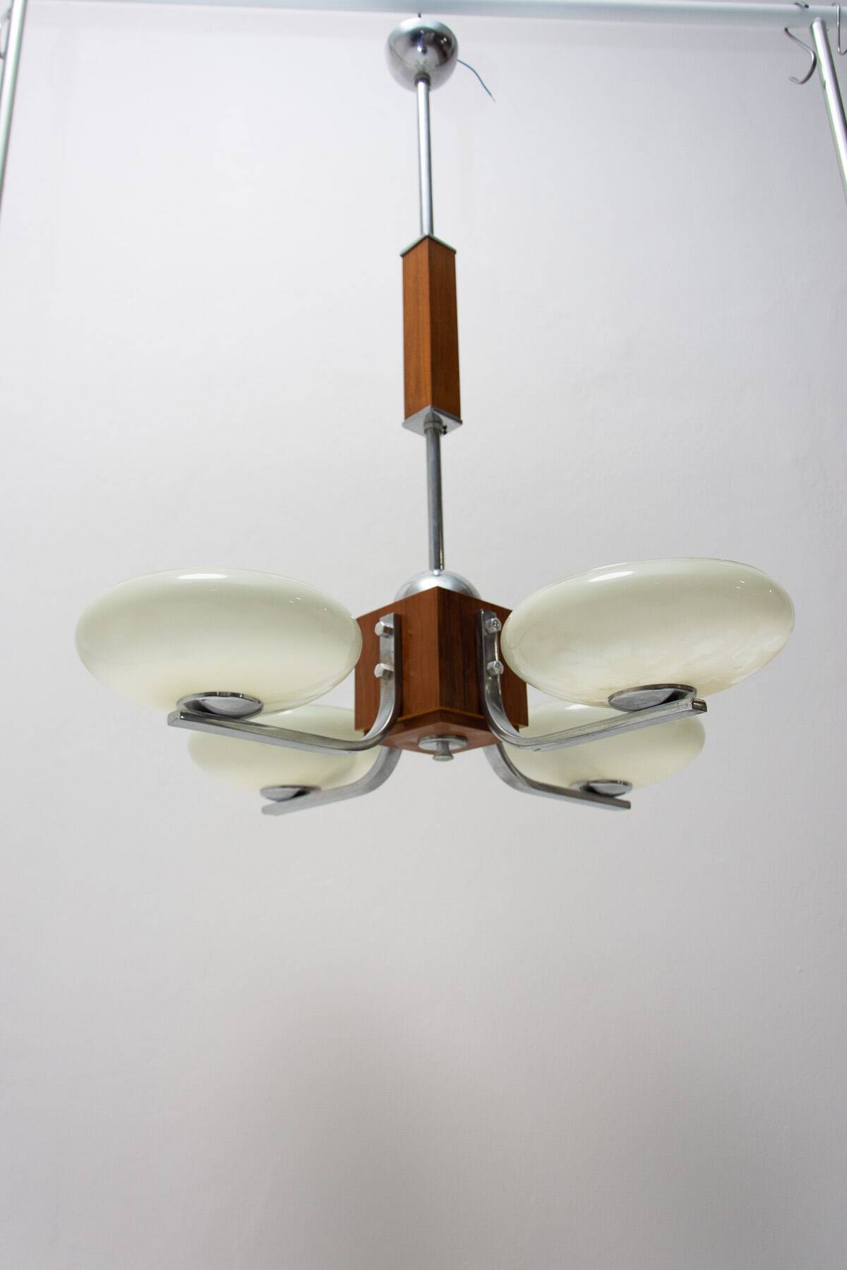 chrome and wood art deco pendant chandelier, circa 1930´s, bohemia