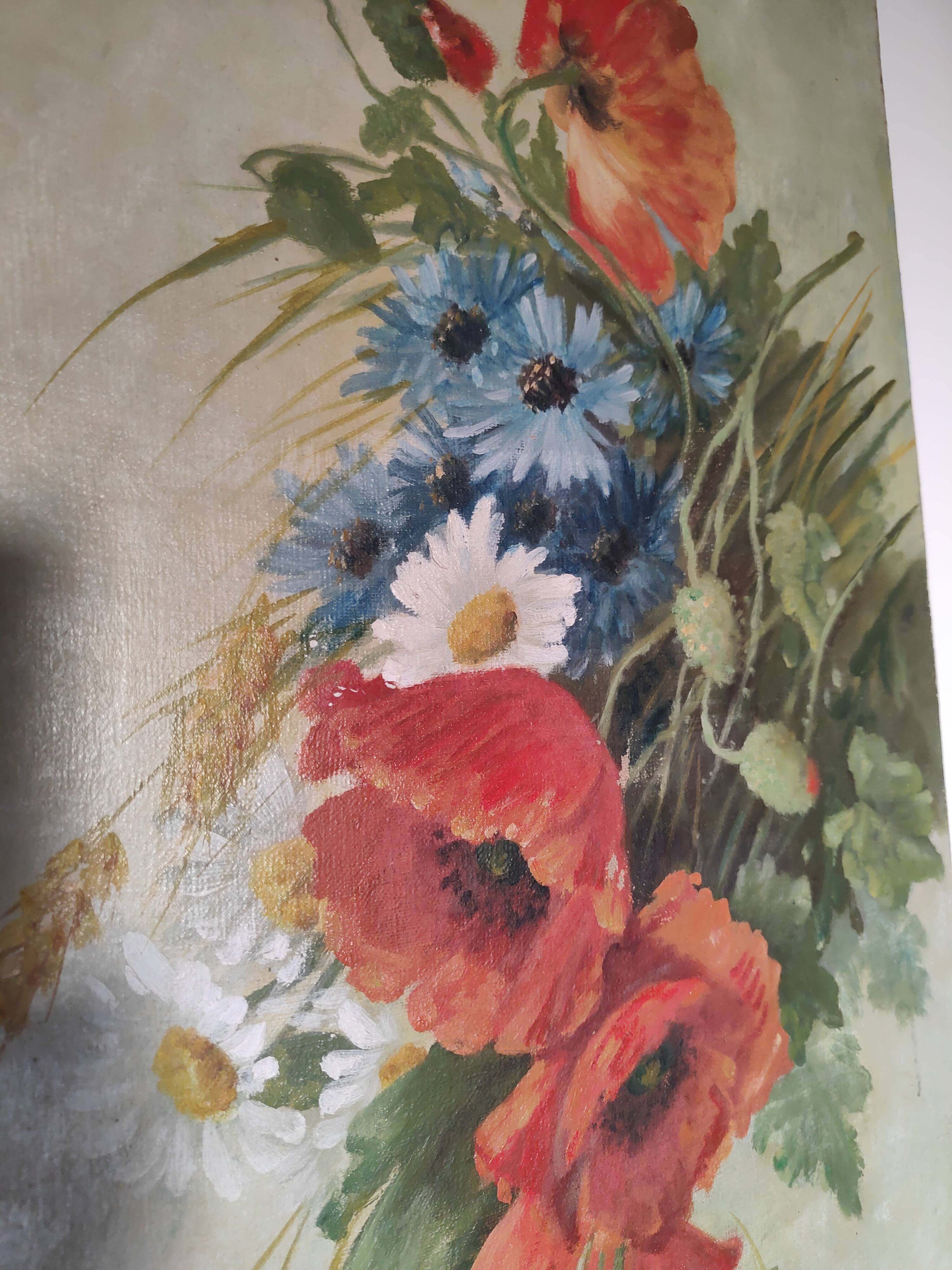 Oil painting on canvas "Country spray with poppies" 1910 signed