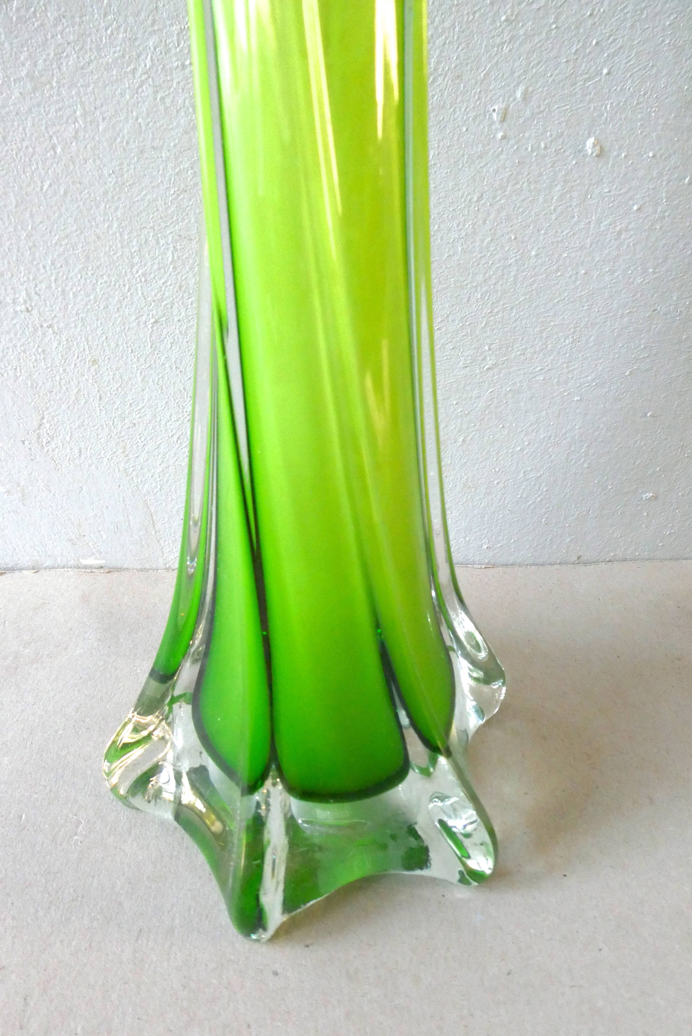Corolla vase in blown glass, double layer green and white