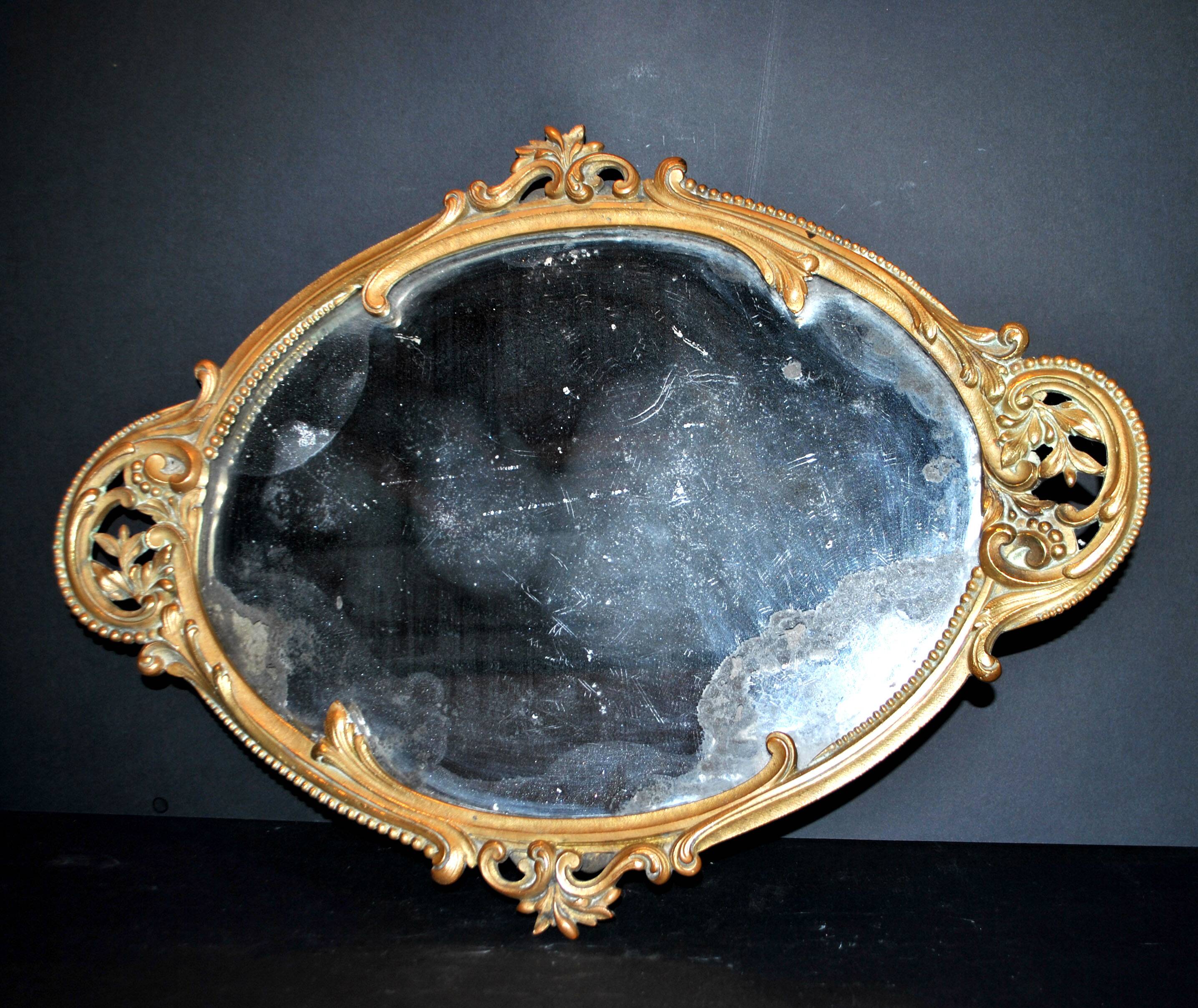 Antique mirror tray Centerpiece mainly in bronze and mercury glass