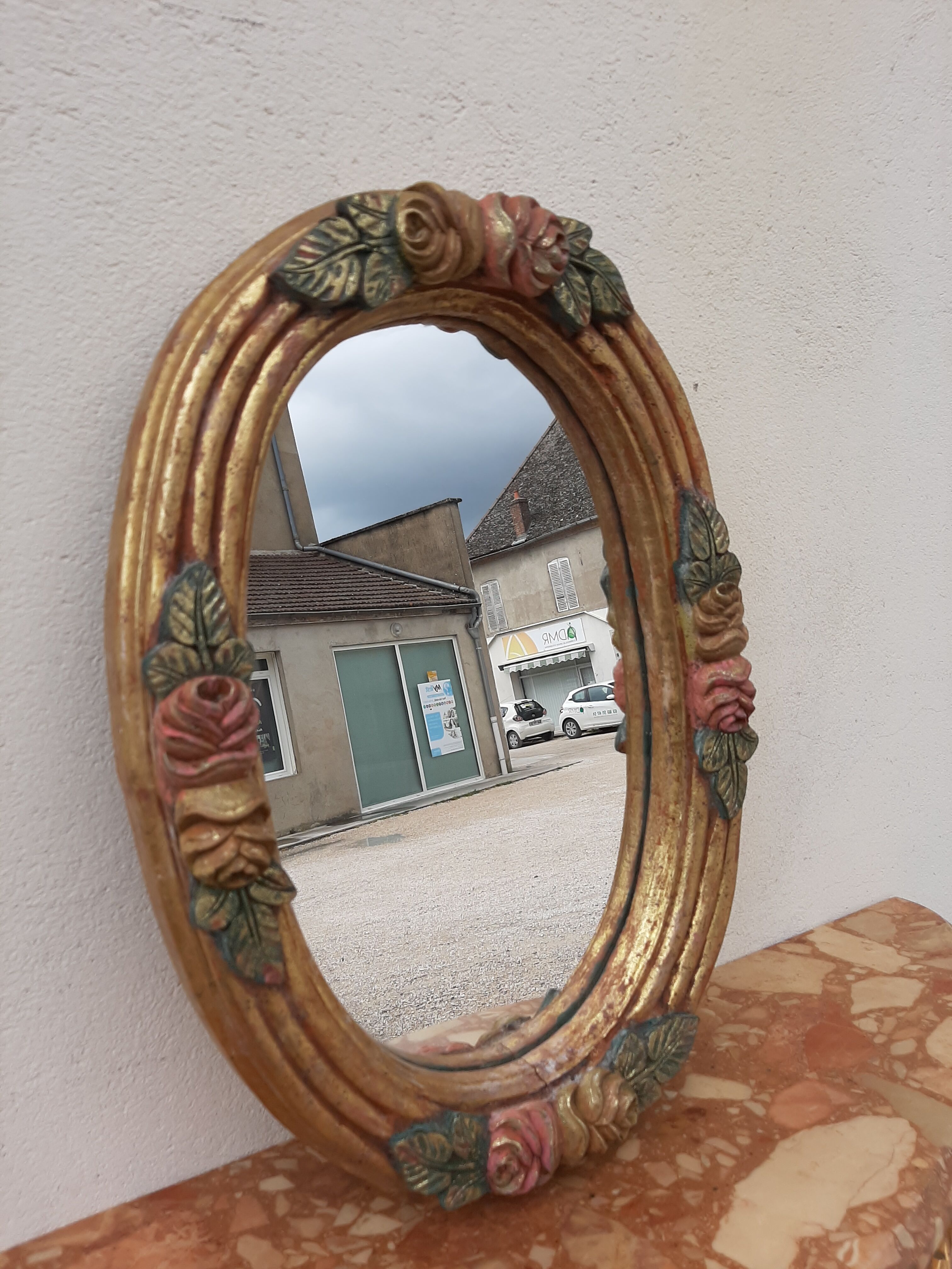 Miroir fleuris bois doré