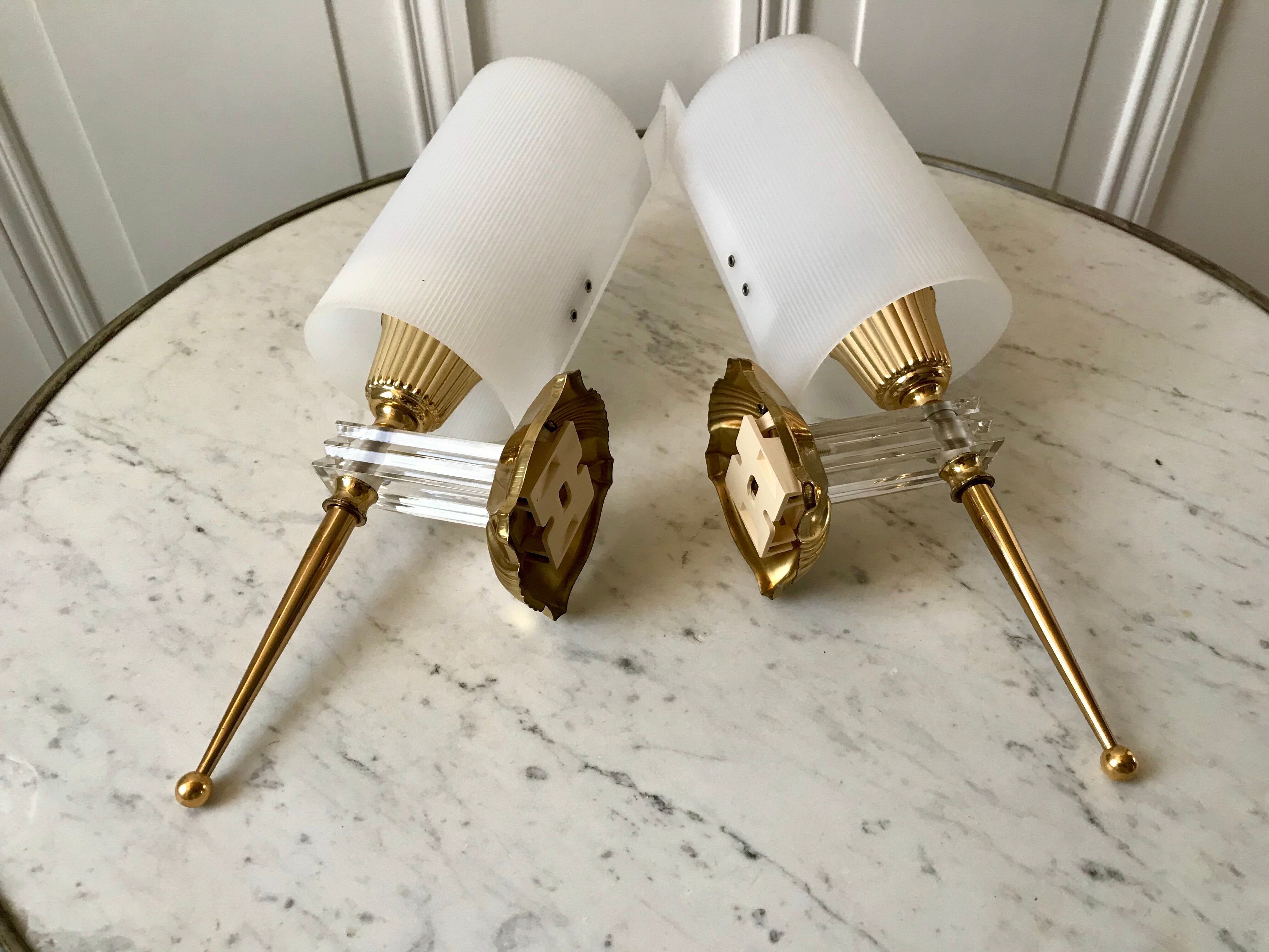 Pair of gold steel wall lamps, plexi and pleated plastic shades 60s-70s