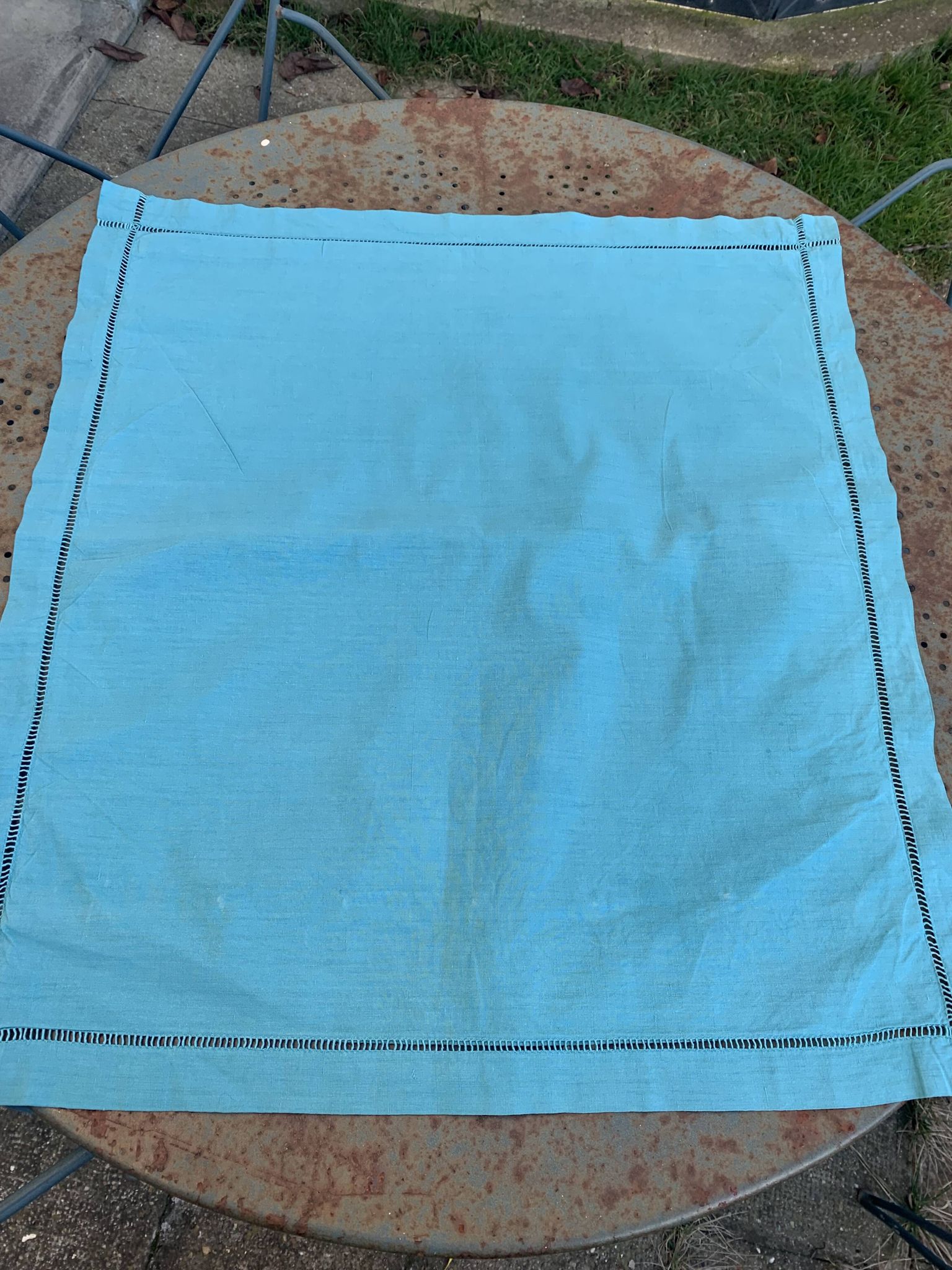 Large pillowcase, cotton linen, emerald blue tinted, border with openings, old