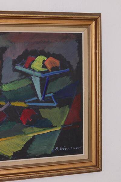 Original mid-century Swedish oil on canvas – “Kubisk Still Life” by Bror Göransson – vintage & framed – 75 × 64 cm (29.5" × 25.2")