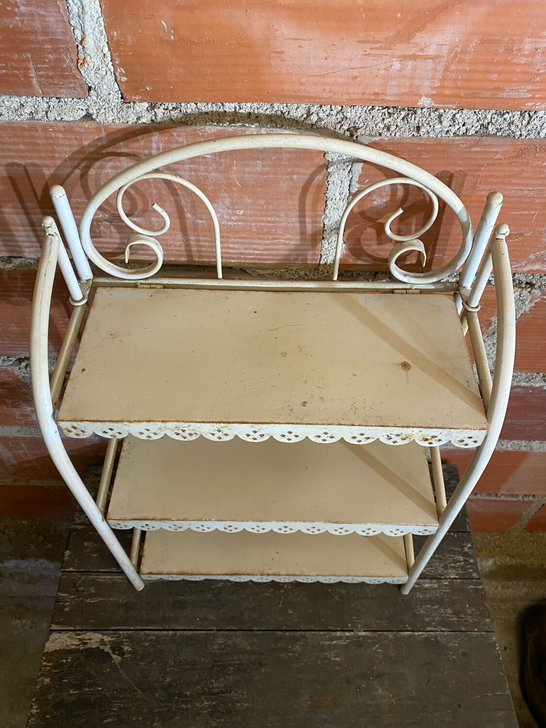 Vintage White Broken Metal Folding Shelf Unit 3 Tiers
