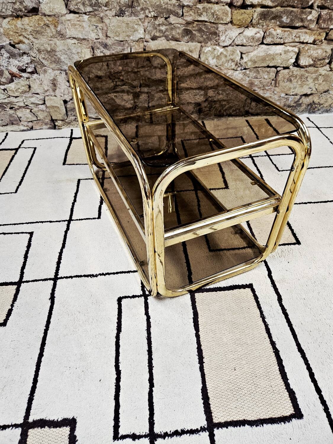 Brass coffee table with sliding top and smoked glass, 1970s vintage