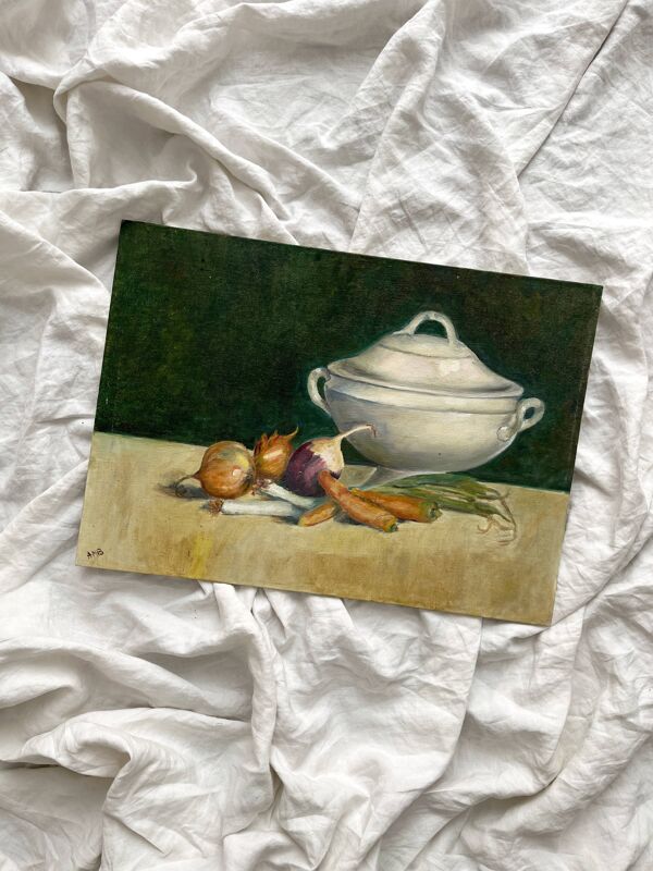 Peinture ancienne sur carton entoilé ''La Soupière'' signée Anne Marie Beiruet