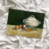 Old painting on canvas board "La Soupière" signed Anne Marie Beiruet