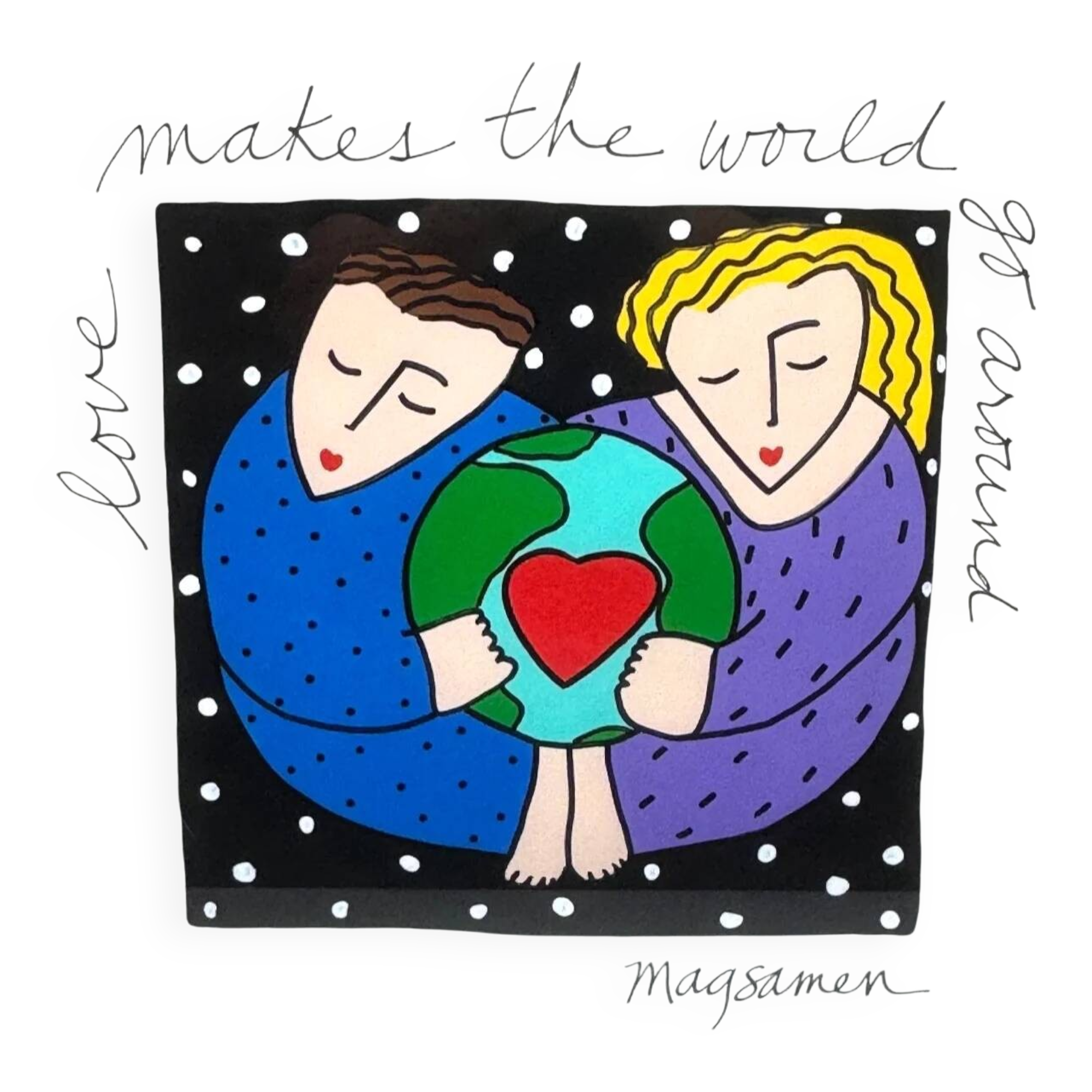 Sandra Magsamen, Love makes the world go around, technique mixte, c. 1990