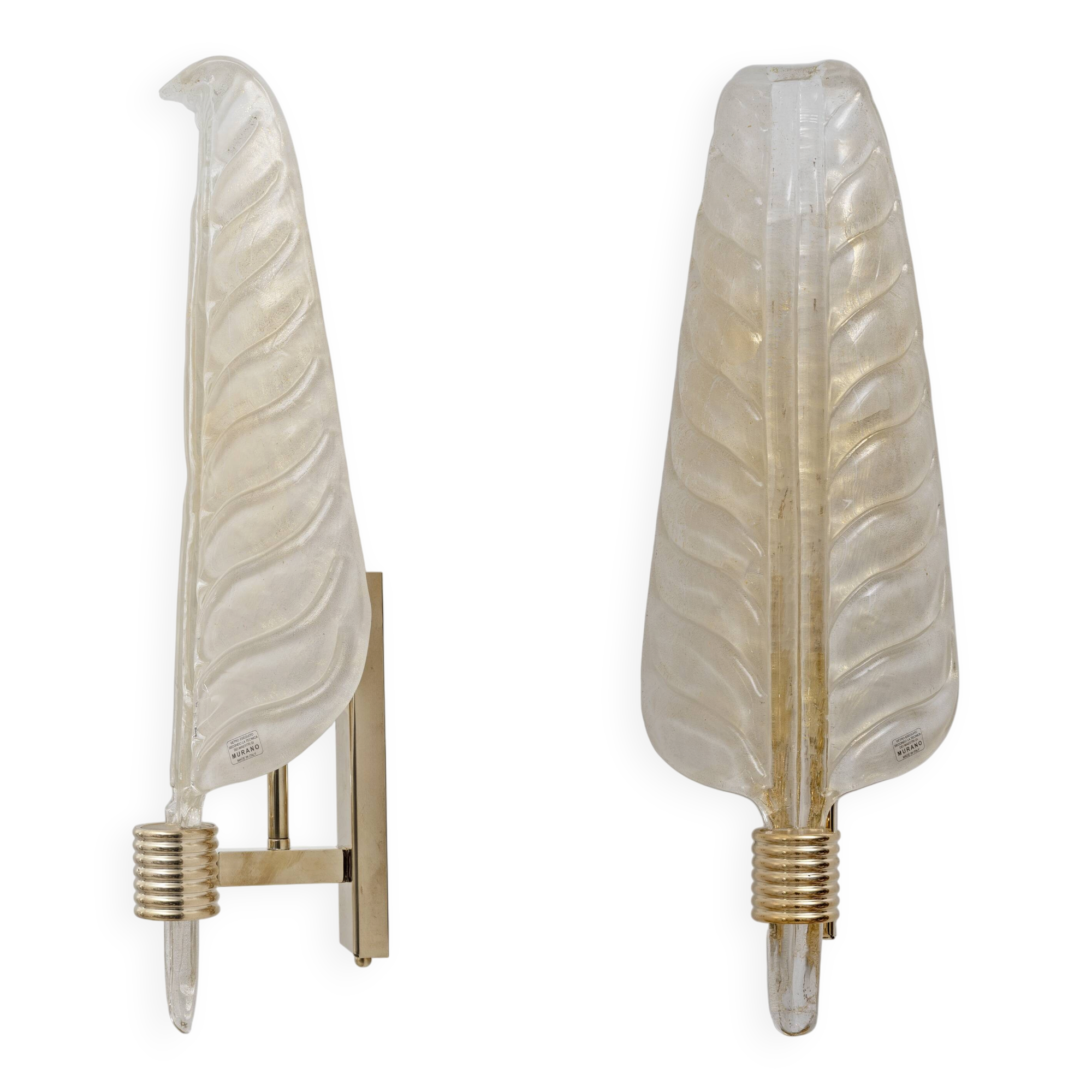 Pair of Murano Glass Leaf Wall Sconces with Gold Powder and Brass, Italy