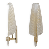 Pair of Murano Glass Leaf Wall Sconces with Gold Powder and Brass, Italy