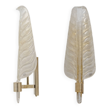 Pair of Murano Glass Leaf Wall Sconces with Gold Powder and Brass, Italy