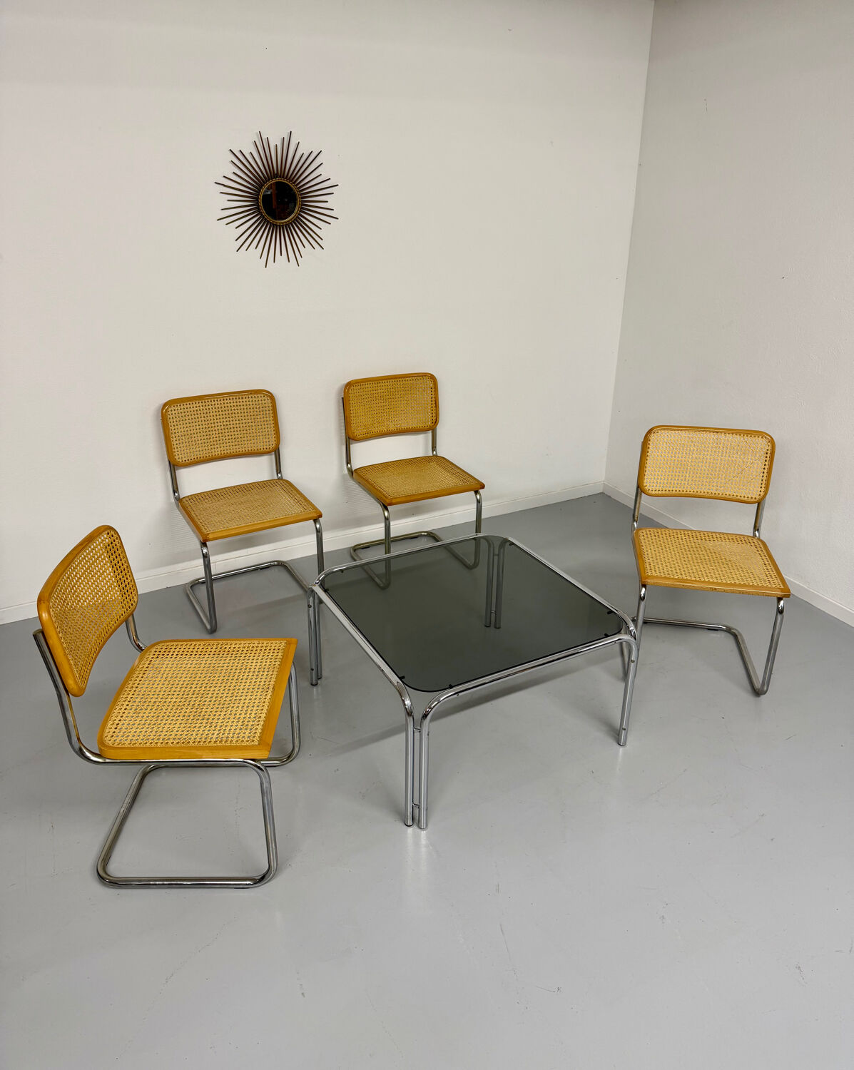 Space coffee table from the 70s, tubular metal and vintage smoked glass