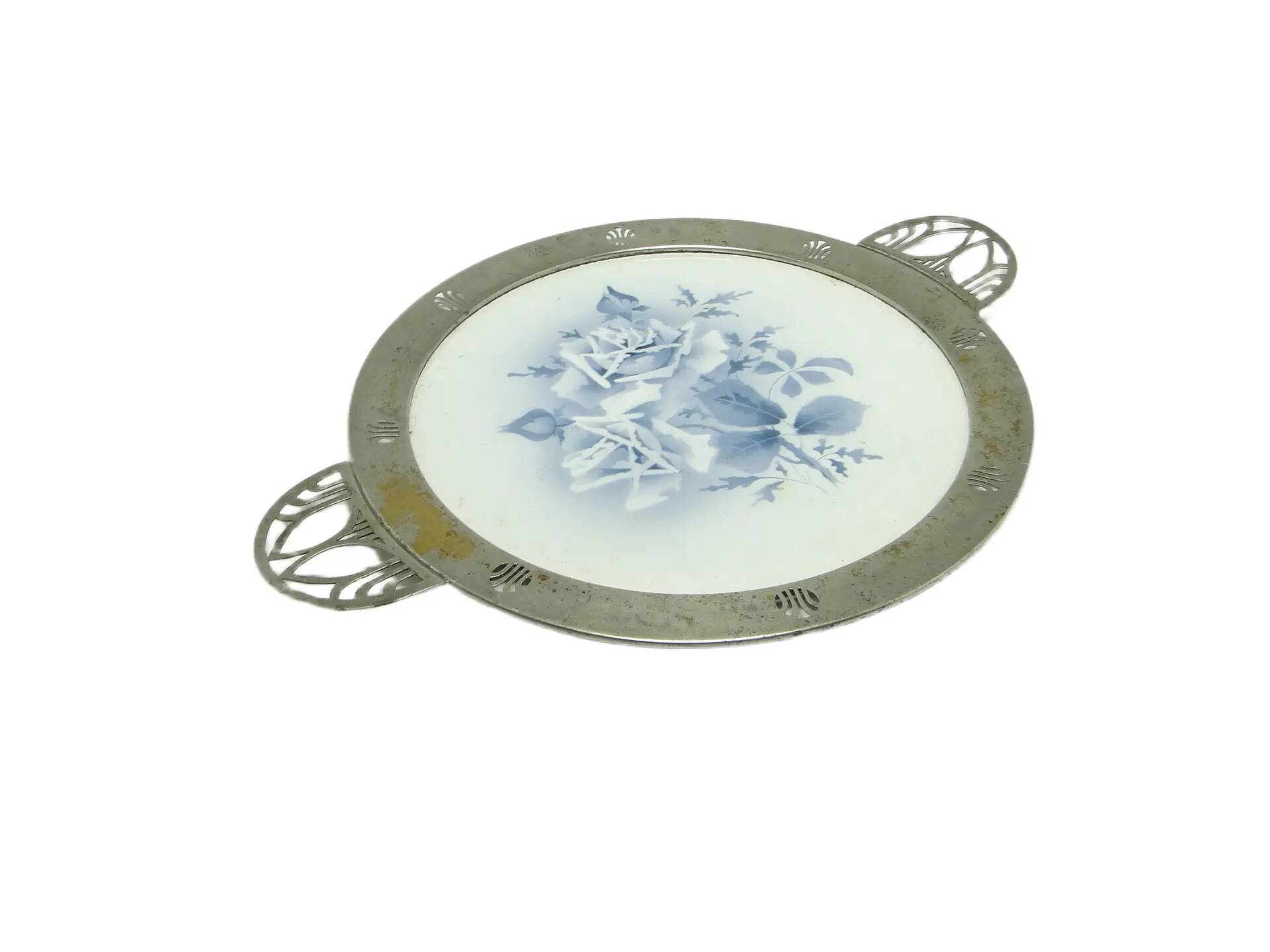 Art Nouveau tray, silver-plated brass, white porcelain, Austria, early 20th century