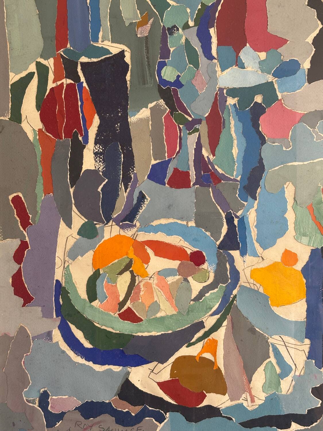 Tableau collage « le fouillis Bleu » signé