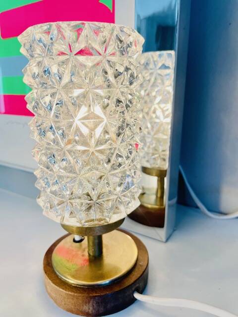 Vintage Mid-Century Scandinavian lamp in wood, brass, and pressed glass with spikes.