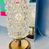 Vintage Mid-Century Scandinavian lamp in wood, brass, and pressed glass with spikes.