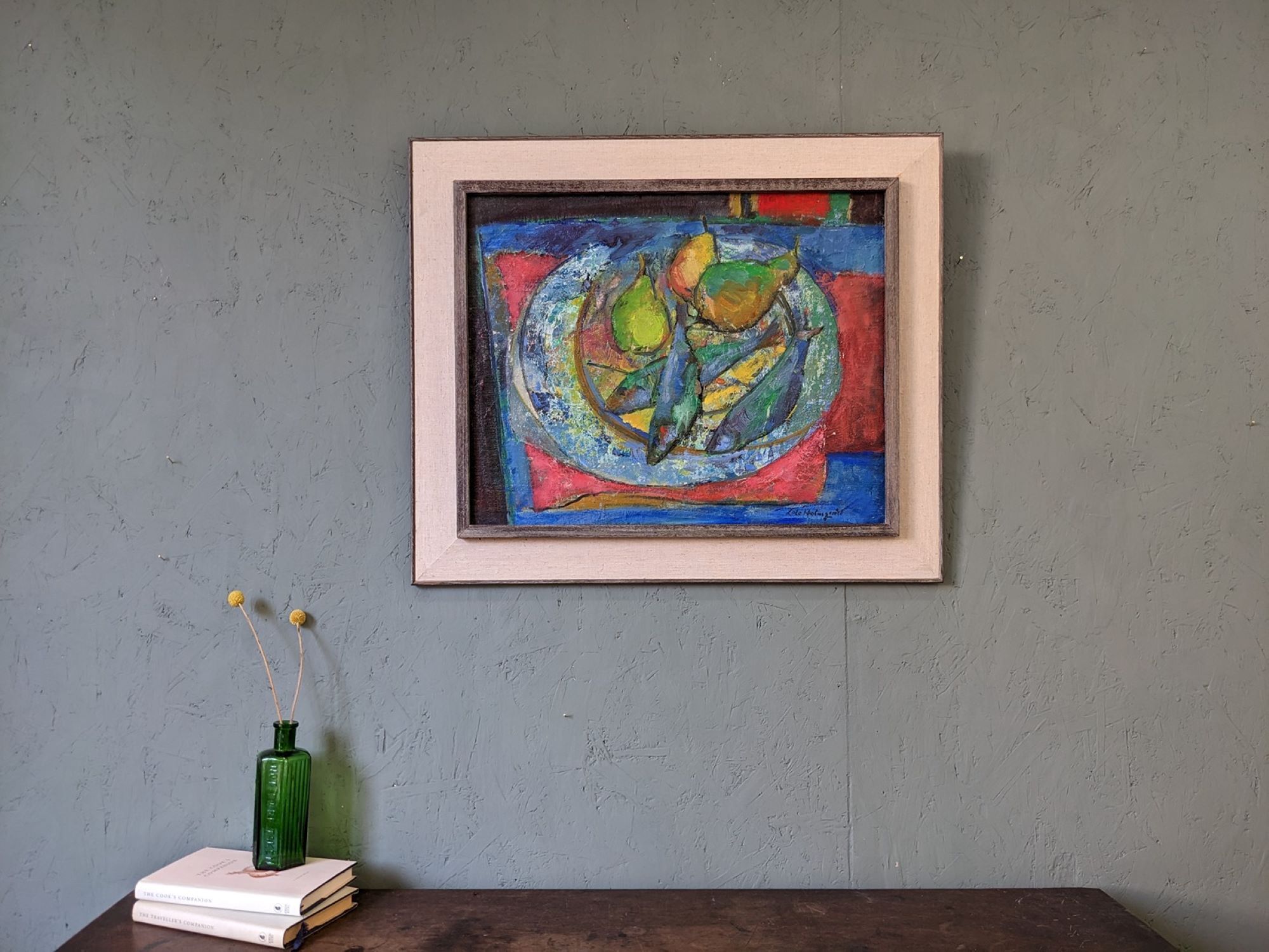 Mid-Century Modern Swedish "Fish & Fruit" Vintage Still Life Oil Painting, Framed