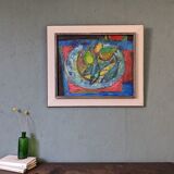 Mid-Century Modern Swedish "Fish & Fruit" Vintage Still Life Oil Painting, Framed