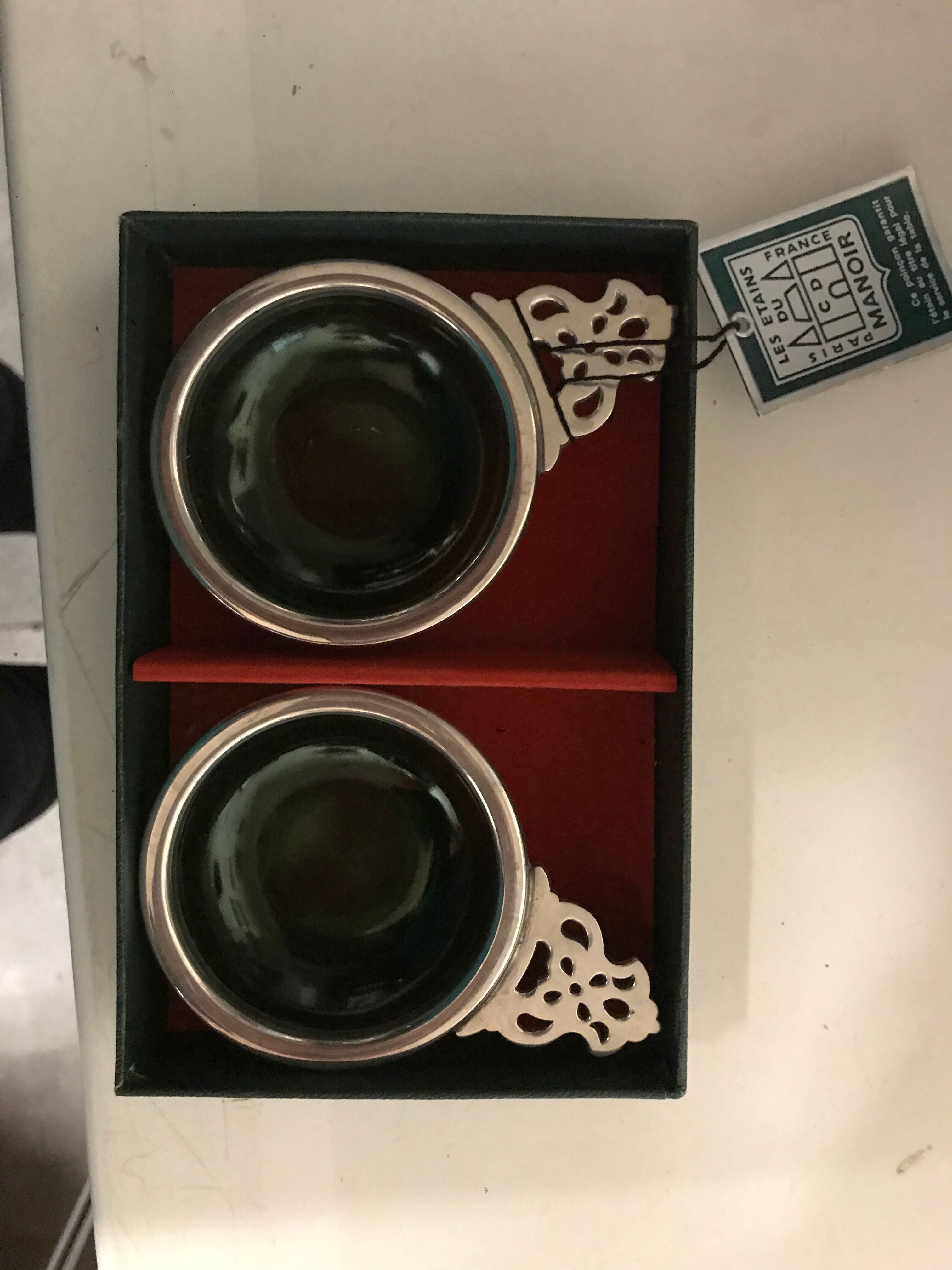 Pair of tin cups and glass