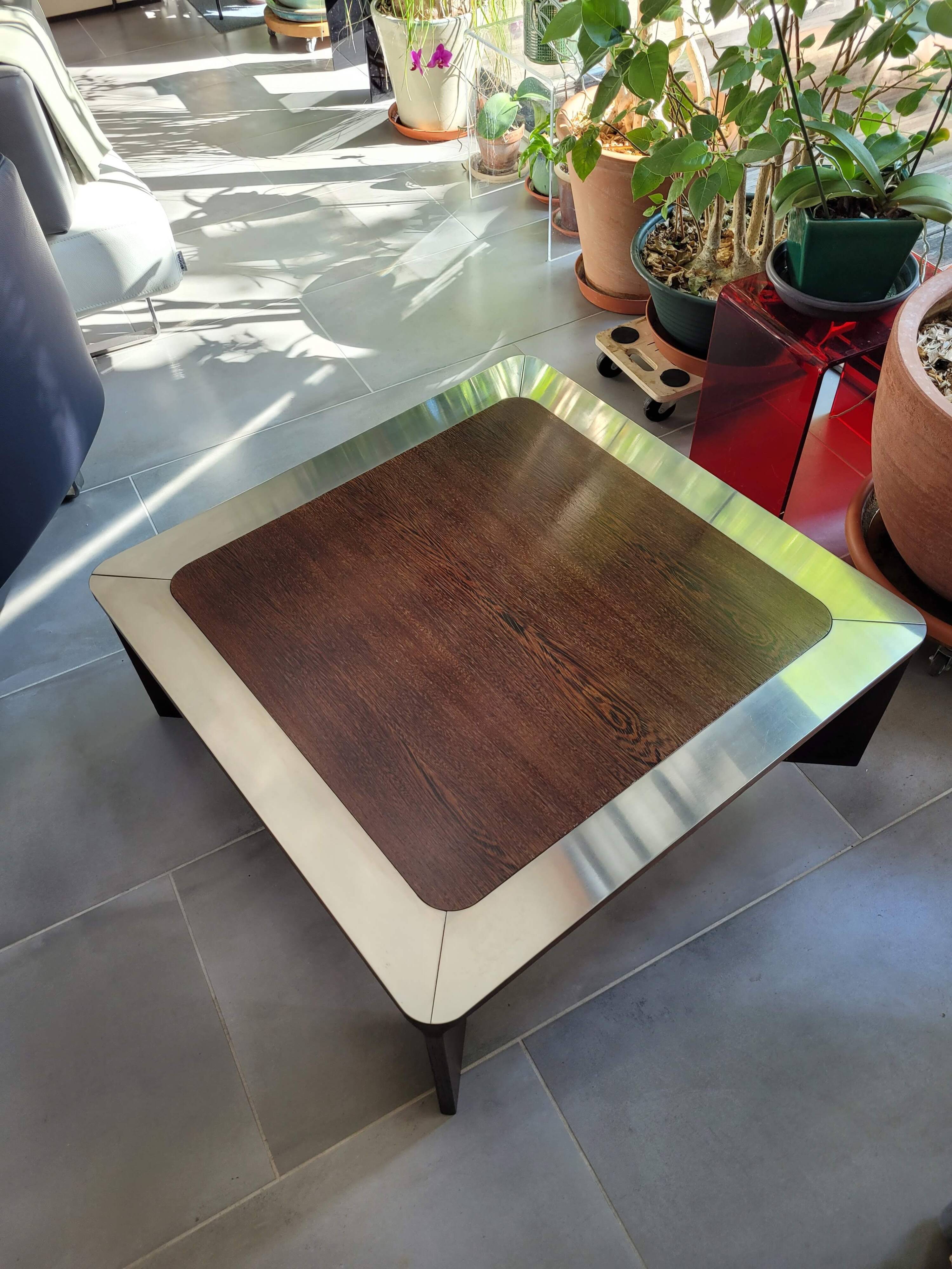 Square wood and steel coffee table from the 80s