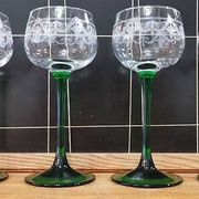 Set of 4 old Alsatian green stemmed wine glasses with vine decor engraved crystal arc