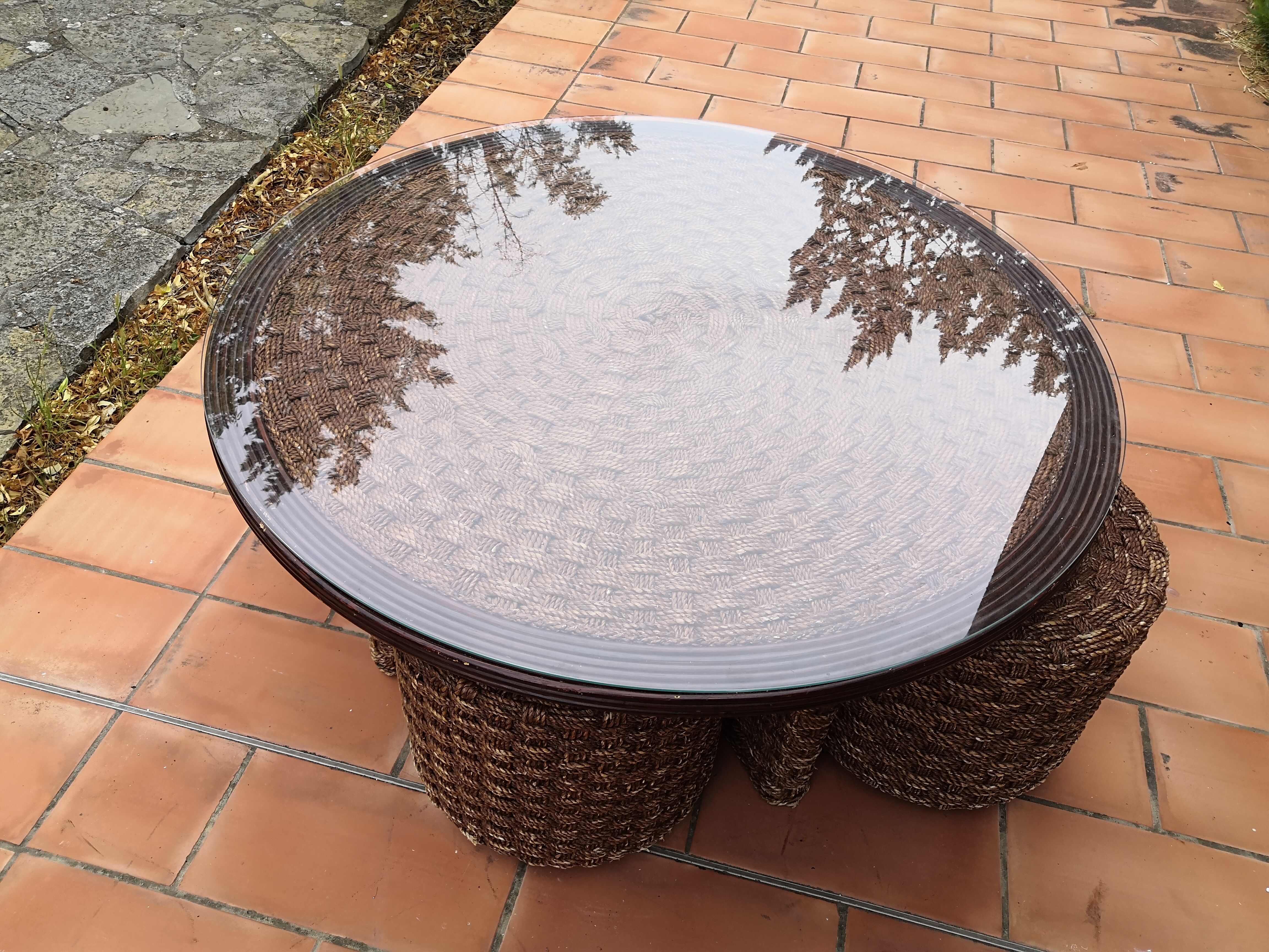 Living room set, vintage rope coffee table with 4 stools 1950