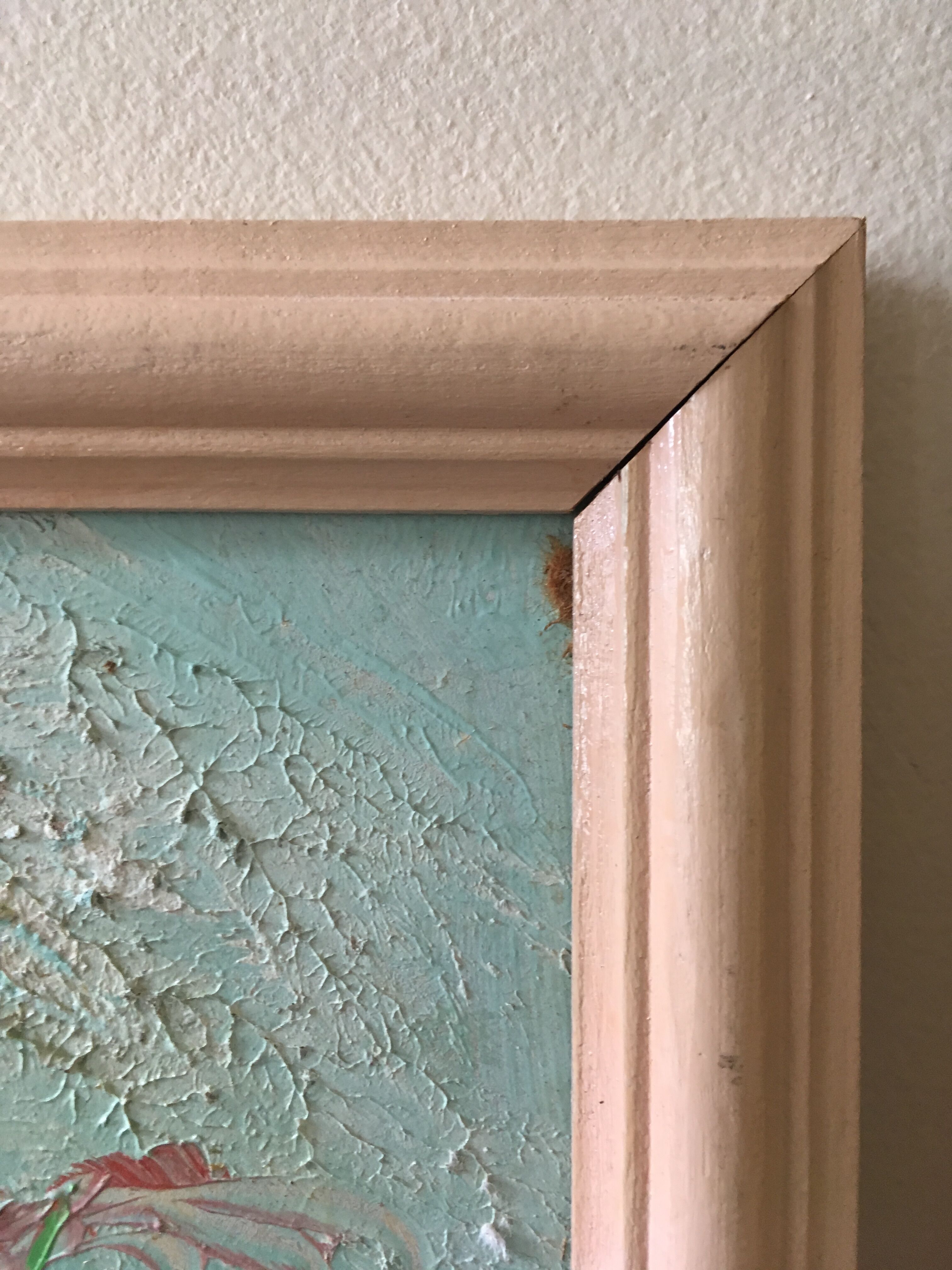 Painting painting in powder pink oil, blue-green