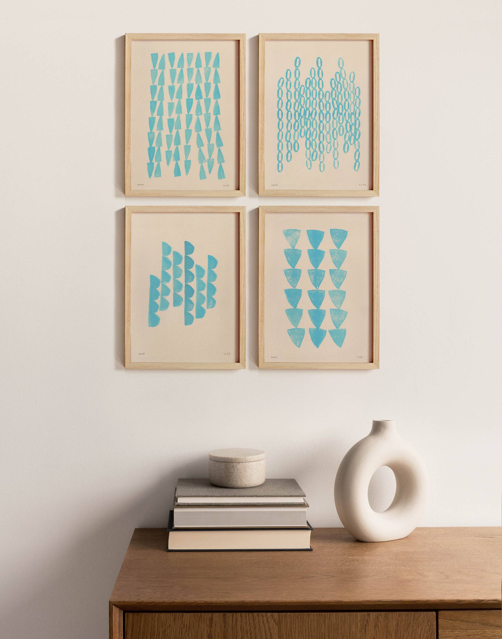 Collection of 4 blue abstract paintings on paper signed Eawy