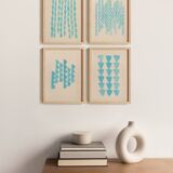 Collection of 4 blue abstract paintings on paper signed Eawy