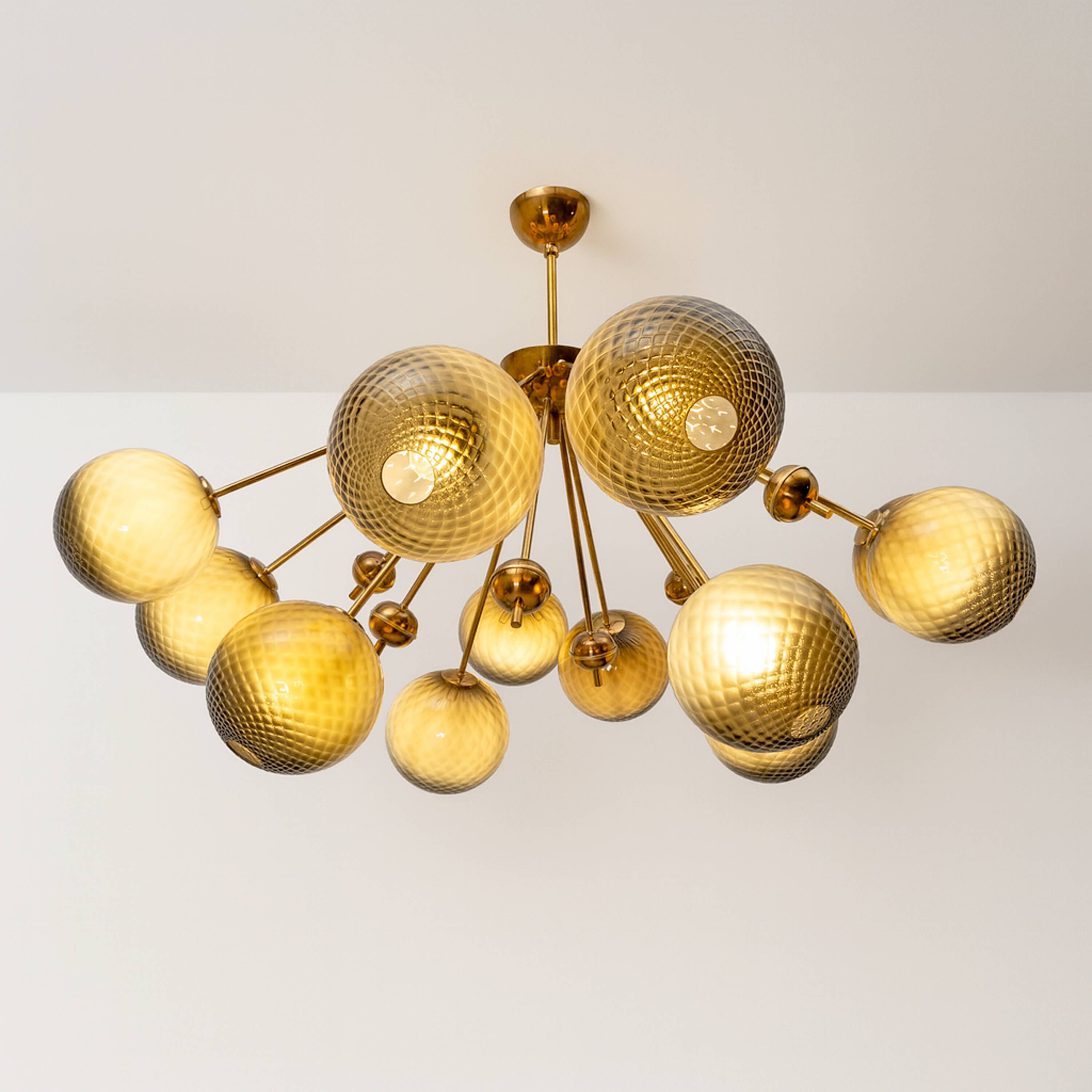 “Galaxy” Chandelier in Brass and Fumé Murano Glass