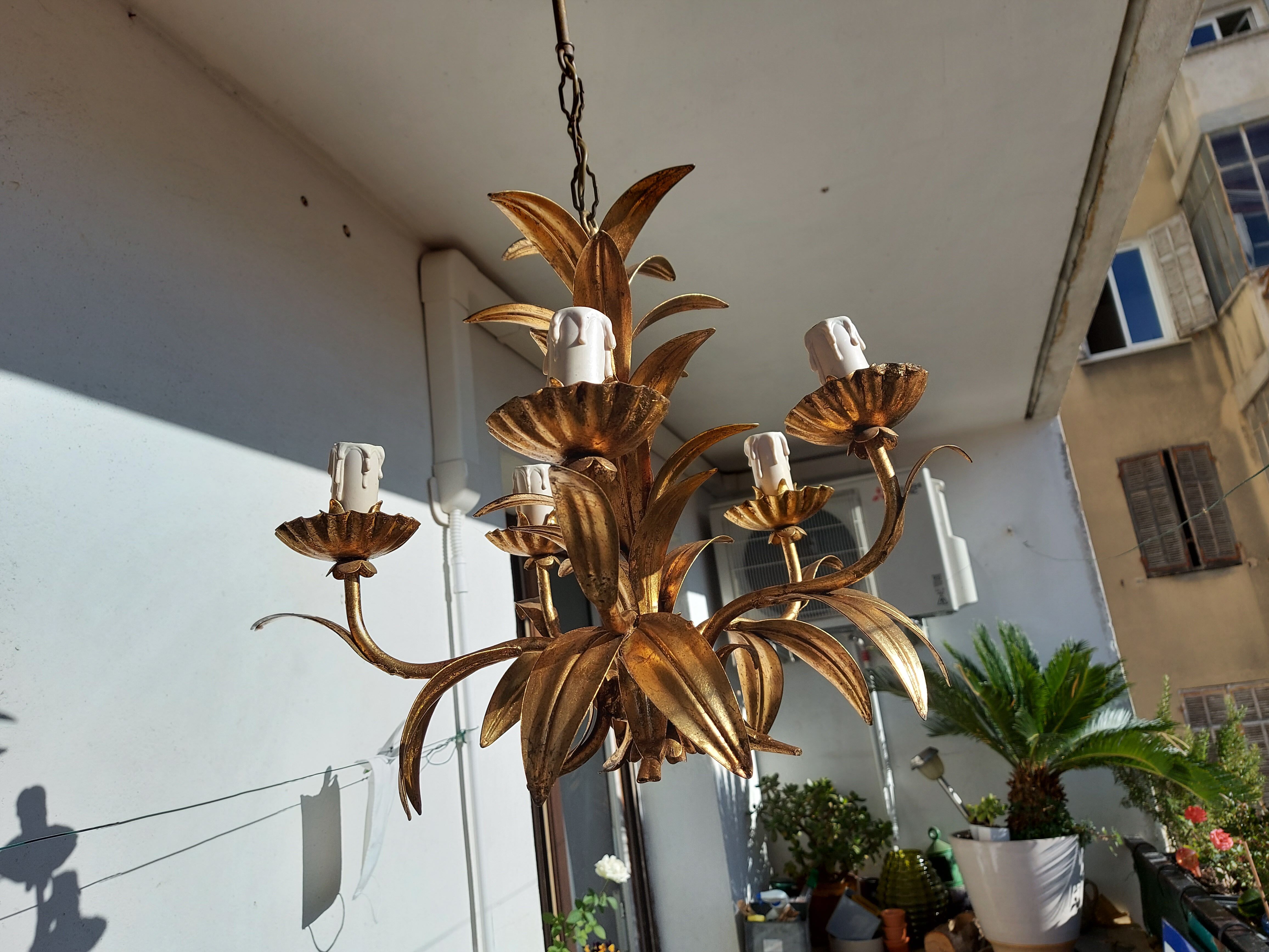 Chandelier gilded metal leaves by Hans Kogl, 1970's