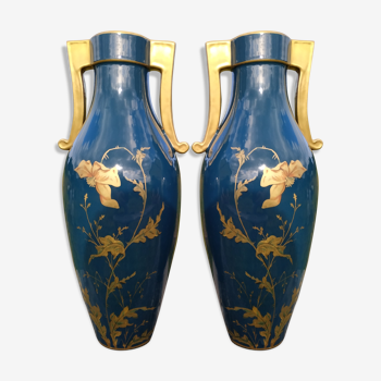 Paire de grands vases Jaget et Pinon décor aux pavots 1920