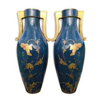 Pair of large vases Jaget and Pinon decoration with poppies 1920