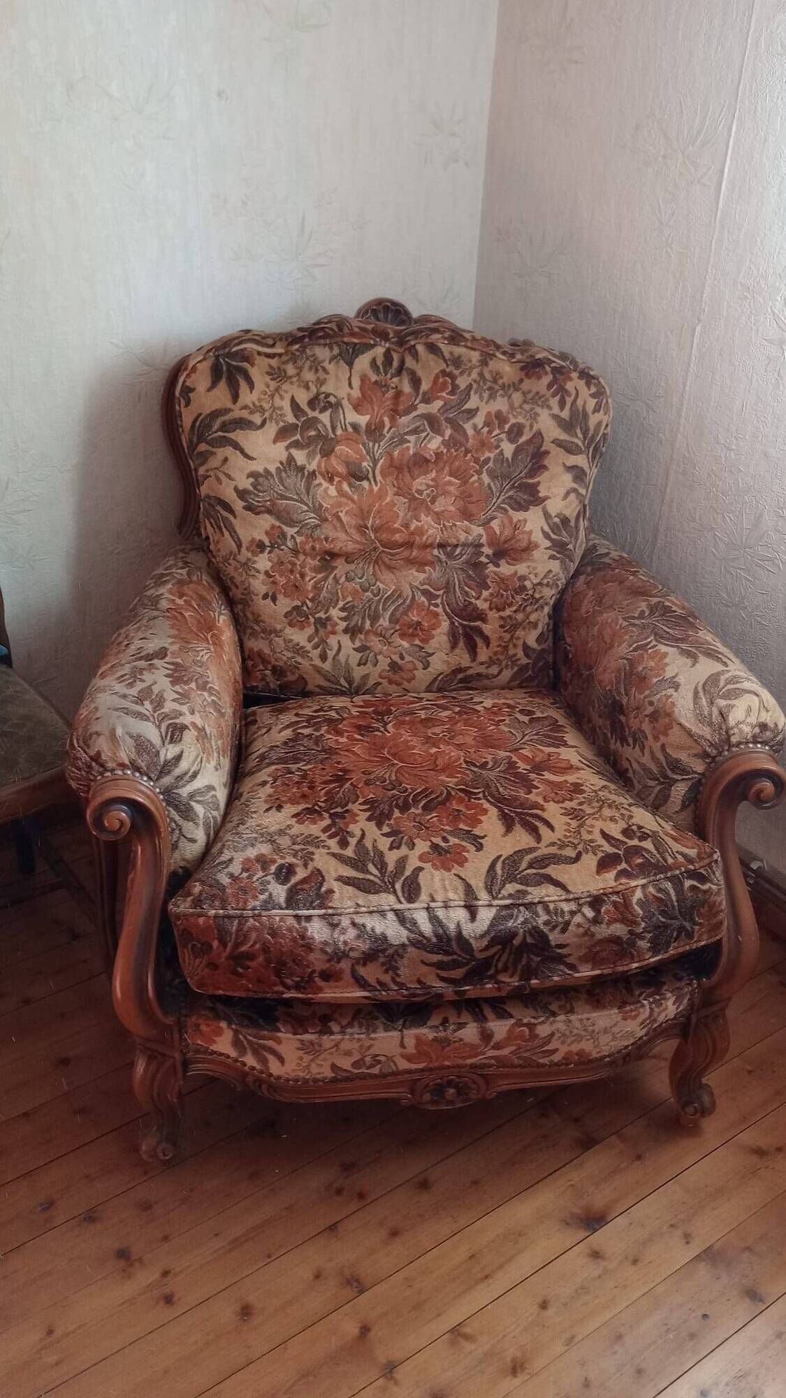 Classic armchair / Louis XV style in carved wood and jacquard velvet