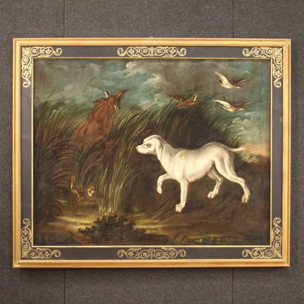Peinture ancienne du XVIIIe siècle, paysage avec chien