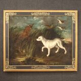 Tableau ancien du 18ème siècle, paysage avec chien