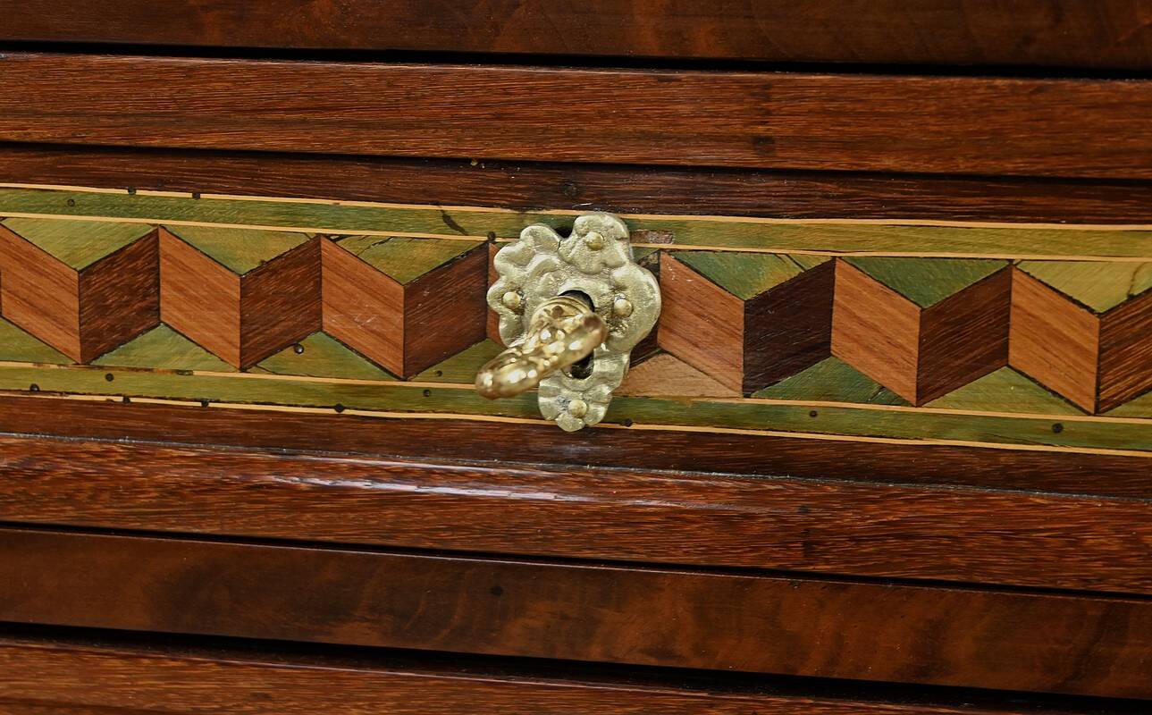 Rare small marquetry display cabinet, louis xvi style – mid 19th century