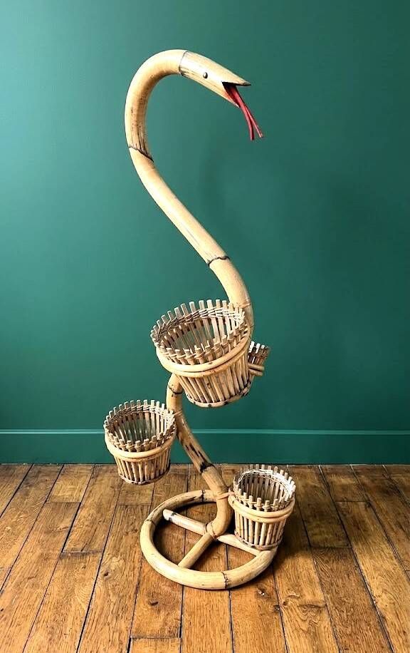 Vintage Cobra Snake Plant Stand in Bamboo and Rattan