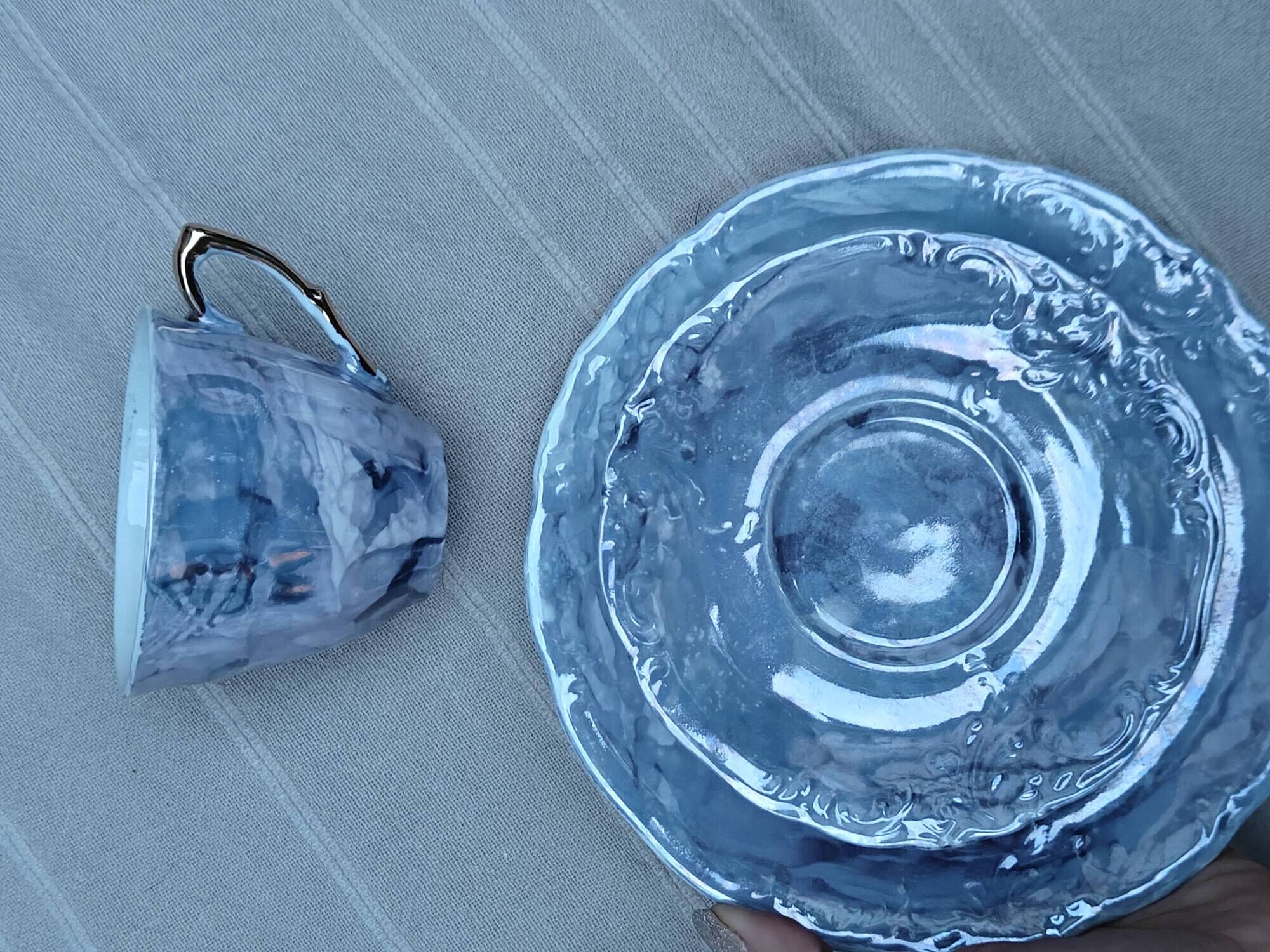 Vintage Marble Purple & Gold Interior Porcelain Coffee/Tea Trio -