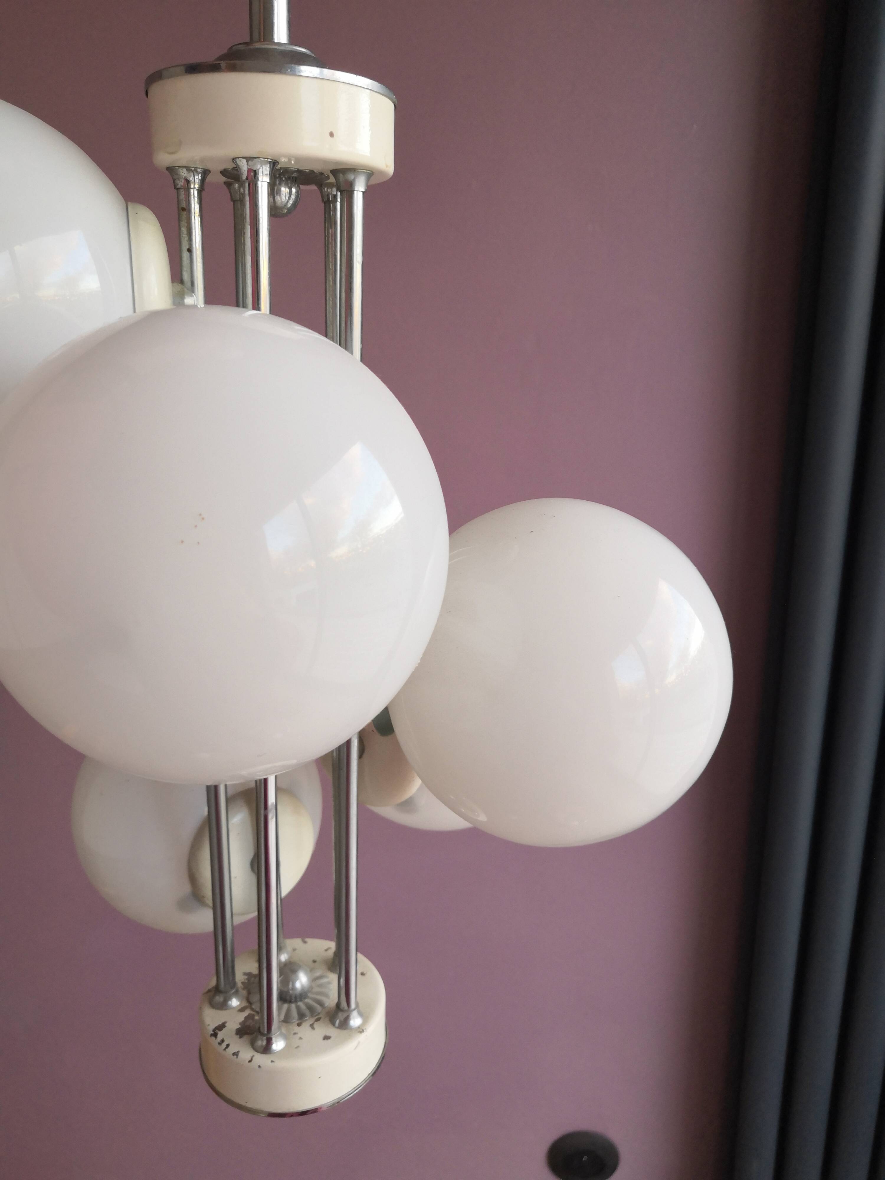 Vintage chandelier 5 opaline glass balls + 2 Space Age Mid-Century wall lights