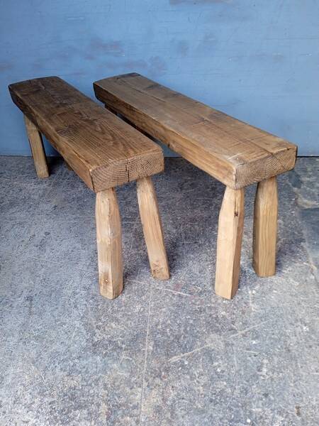 Pair of 2 patinated solid wood benches / stools