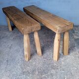Pair of 2 patinated solid wood benches / stools