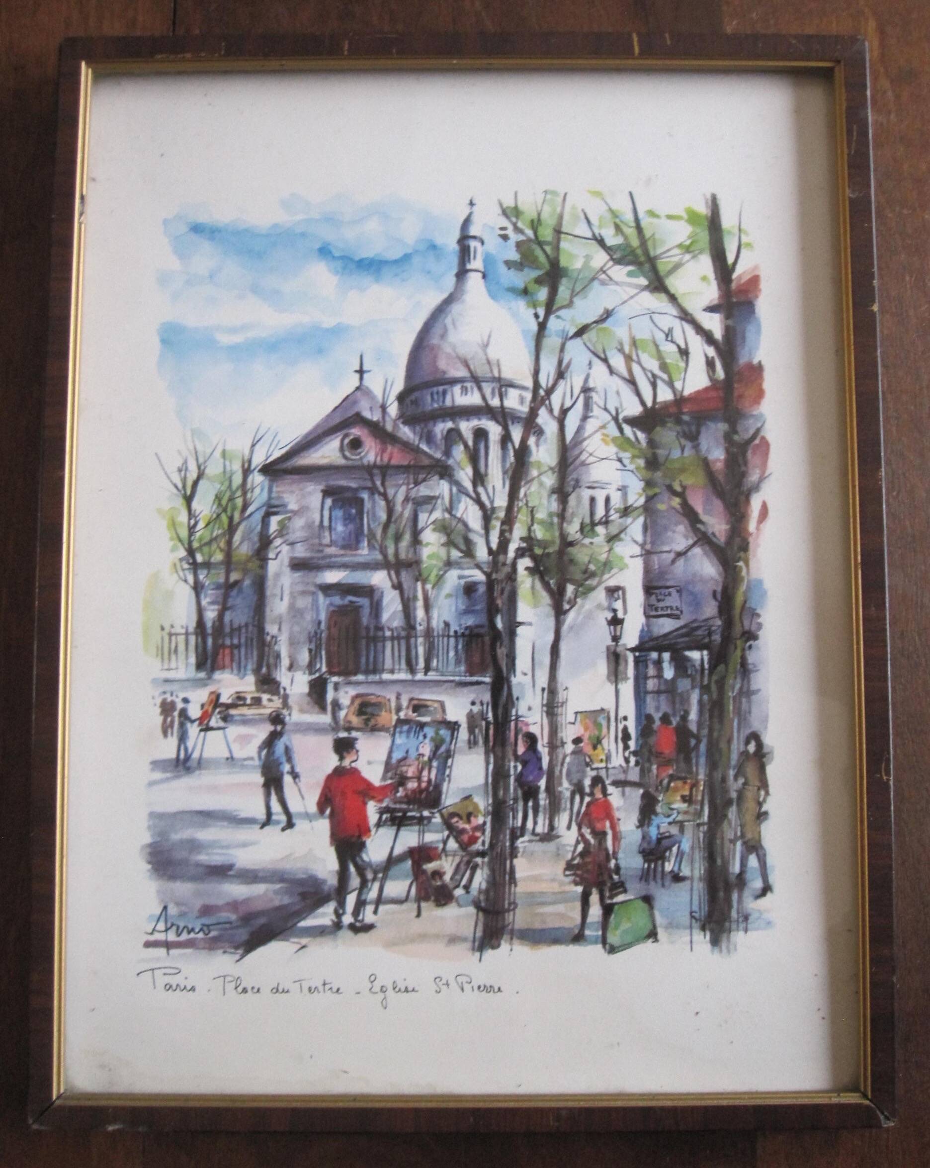 Watercolor “Paris Place du Tertre - St Pierre Church” by Arno, 1960