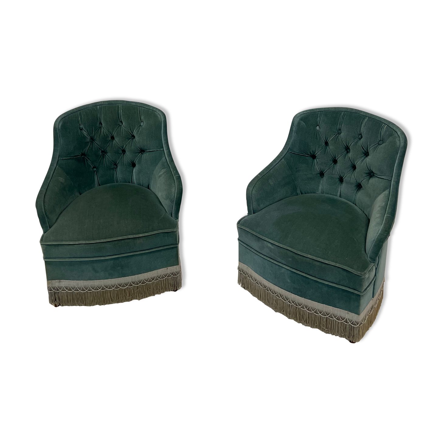 Duo of upholstered blue toad armchairs