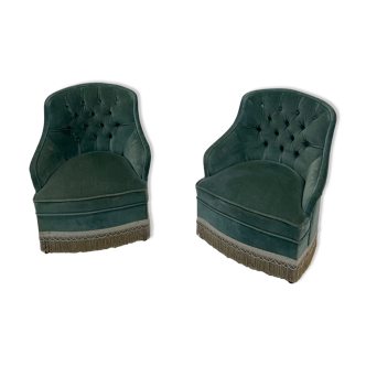 Duo of upholstered blue toad armchairs