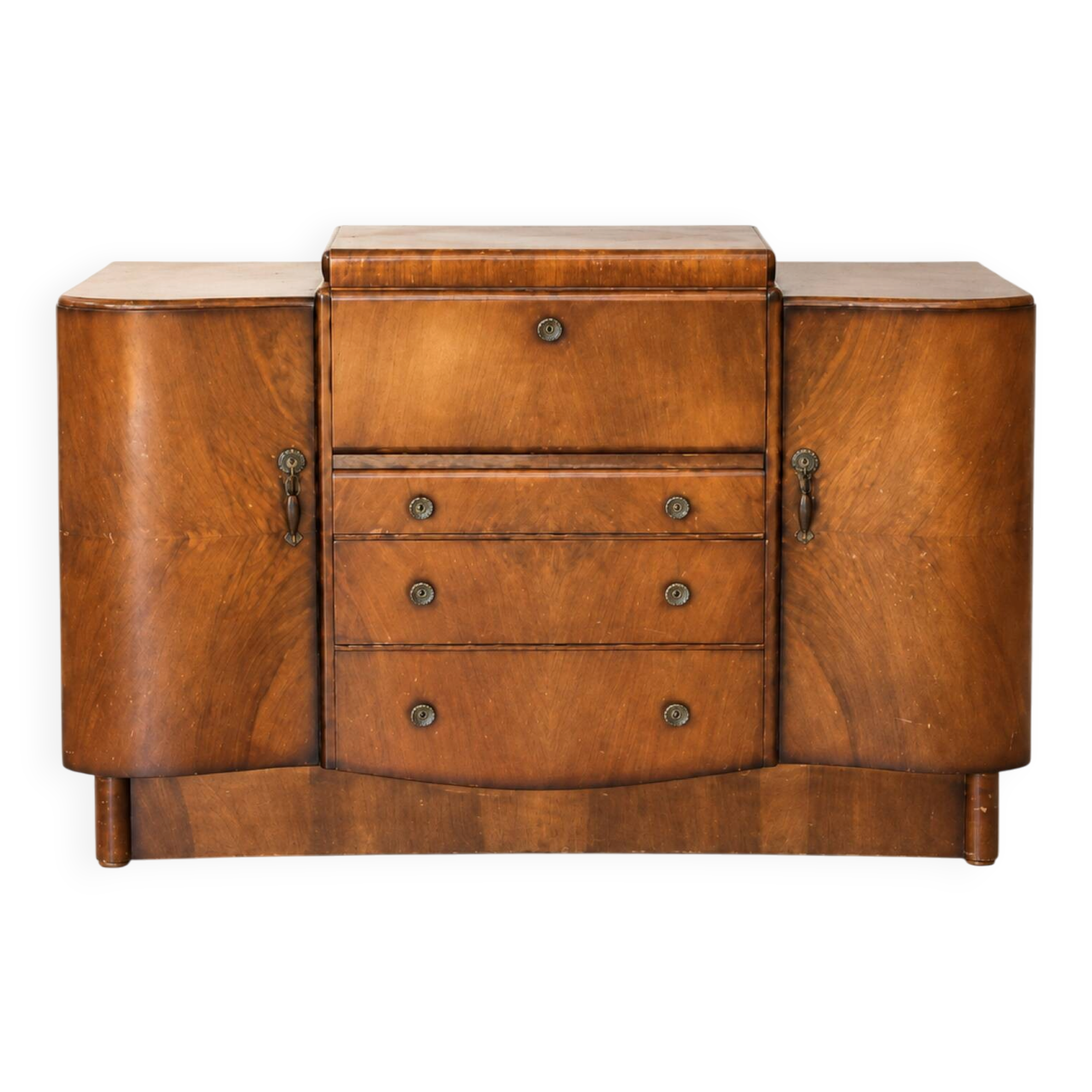 Art Deco walnut bar cabinet with a mirrored interior.