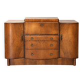 Art Deco walnut bar cabinet with a mirrored interior.