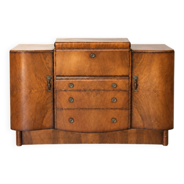 Meuble bar Art Déco en noyer, cabinet à cocktails à intérieur miroir